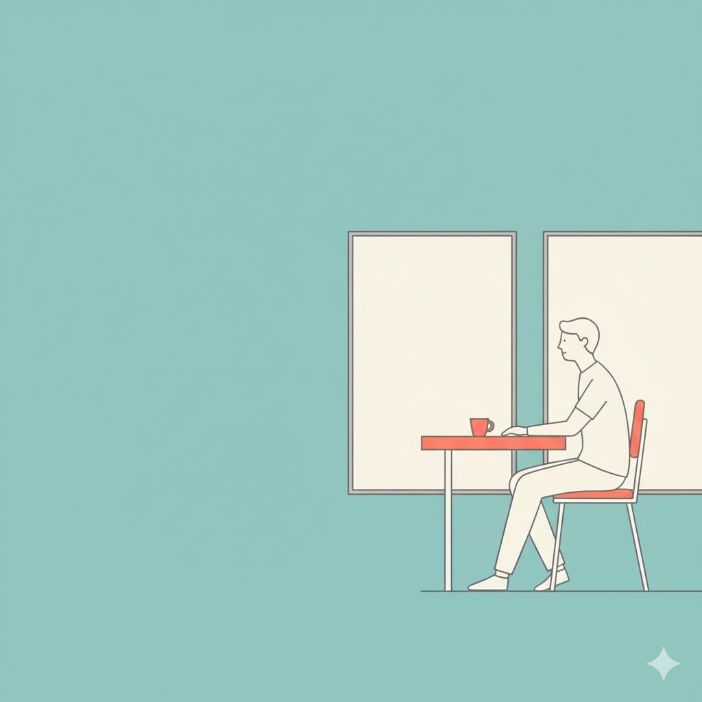 Person at desk in contemplative workspace with geometric elements